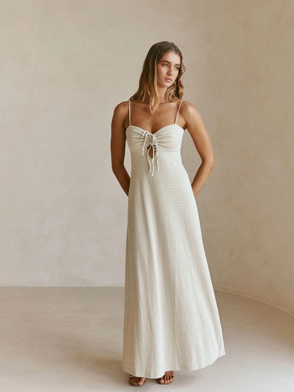 Sabo Skirt Dua Dress - Lace-Up Spaghetti Strap Maxi, soft sage hue